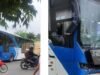 Bus Trans Jakarta menabrak pagar kebun kosong di sekitar halte Busway Puribeta, Kecamatan Larangan, Kota Tangerang, Senin 6 Desember 2021.