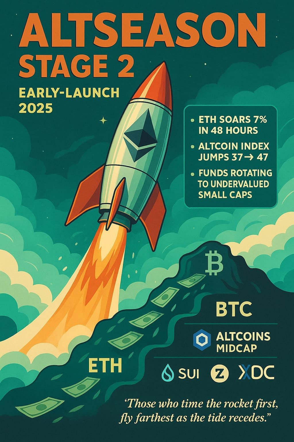 Ethereum reli tanpa dorongan Bitcoin jadi tanda Altseason tahap dua telah dimulai. Simak arus rotasi modal dan strategi altcoin terbaik 2025.