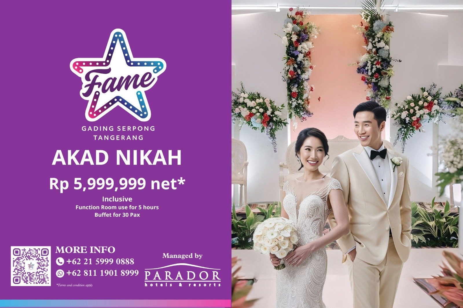 Fame Hotel Gading Serpong tawarkan paket akad nikah elegan Rp 5,9 juta lengkap dengan venue 5 jam & buffet 30 tamu.