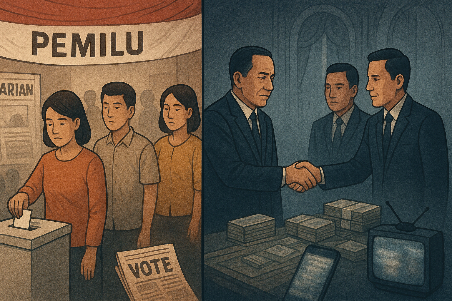 Demokrasi Indonesia kehilangan makna substansialnya, dikuasai elit, dan minim partisipasi rakyat yang kritis.