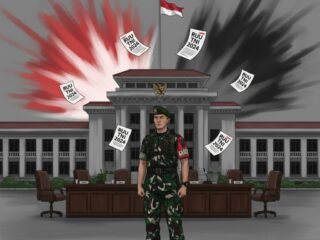 Buat ilustrasi editorial dengan nuansa serius bertema politik dan reformasi Indonesia. Gambarkan sosok prajurit TNI berdiri di depan gedung DPR RI yang terlihat megah namun dikelilingi bayangan simbolik berbentuk dua arah — satu sisi melambangkan semangat reformasi dan supremasi sipil (bercahaya, merah-putih), sisi lain menggambarkan kembalinya dwifungsi militer (gelap dan berbayang). Tambahkan elemen simbolik seperti lembar RUU bertuliskan “RUU TNI 2024” di udara atau meja sidang DPR di latar belakang. Warna dominan abu-abu, hitam, dan merah untuk menonjolkan ketegangan politik dan moral. Gaya semi-realistis, tone formal dan reflektif, cocok untuk artikel opini di media nasional.