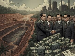 Ilustrasi editorial politik ekonomi nikel Indonesia, menyoroti kerusakan lingkungan, konflik sosial, dan dominasi elite.