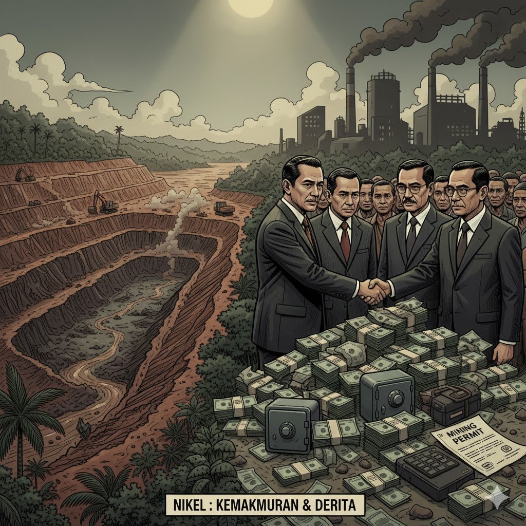 Ilustrasi editorial politik ekonomi nikel Indonesia, menyoroti kerusakan lingkungan, konflik sosial, dan dominasi elite.