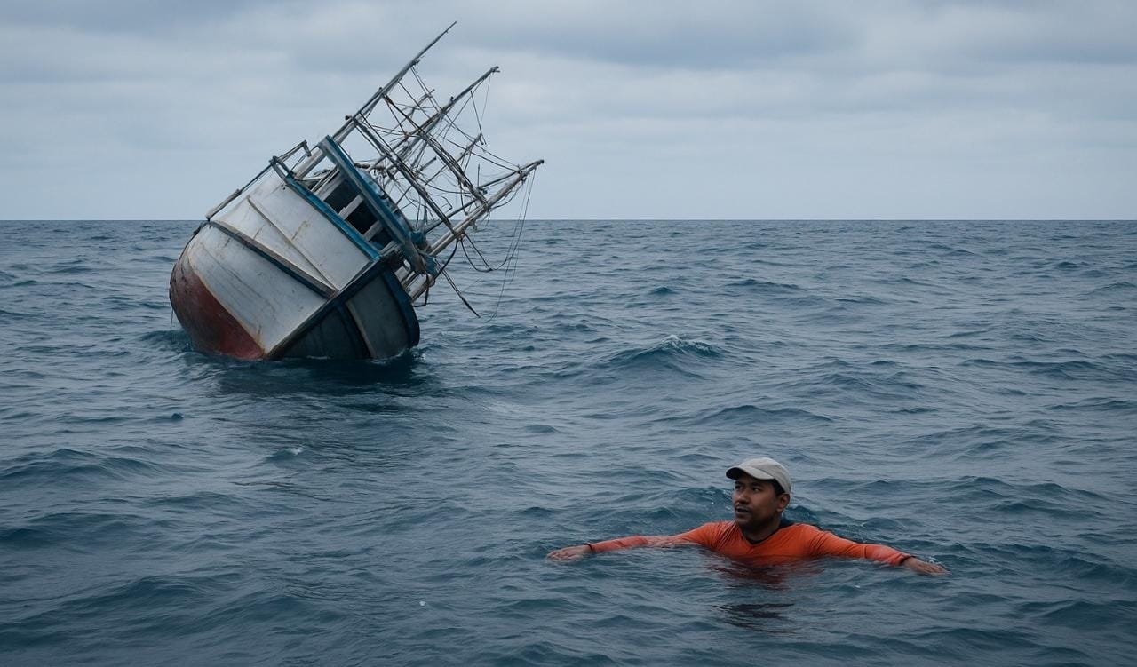 Kapal KM Usaha Baru asal Tangerang tenggelam di Pulau Bokor akibat gelombang tinggi. Tujuh ABK selamat, satu masih dicari.