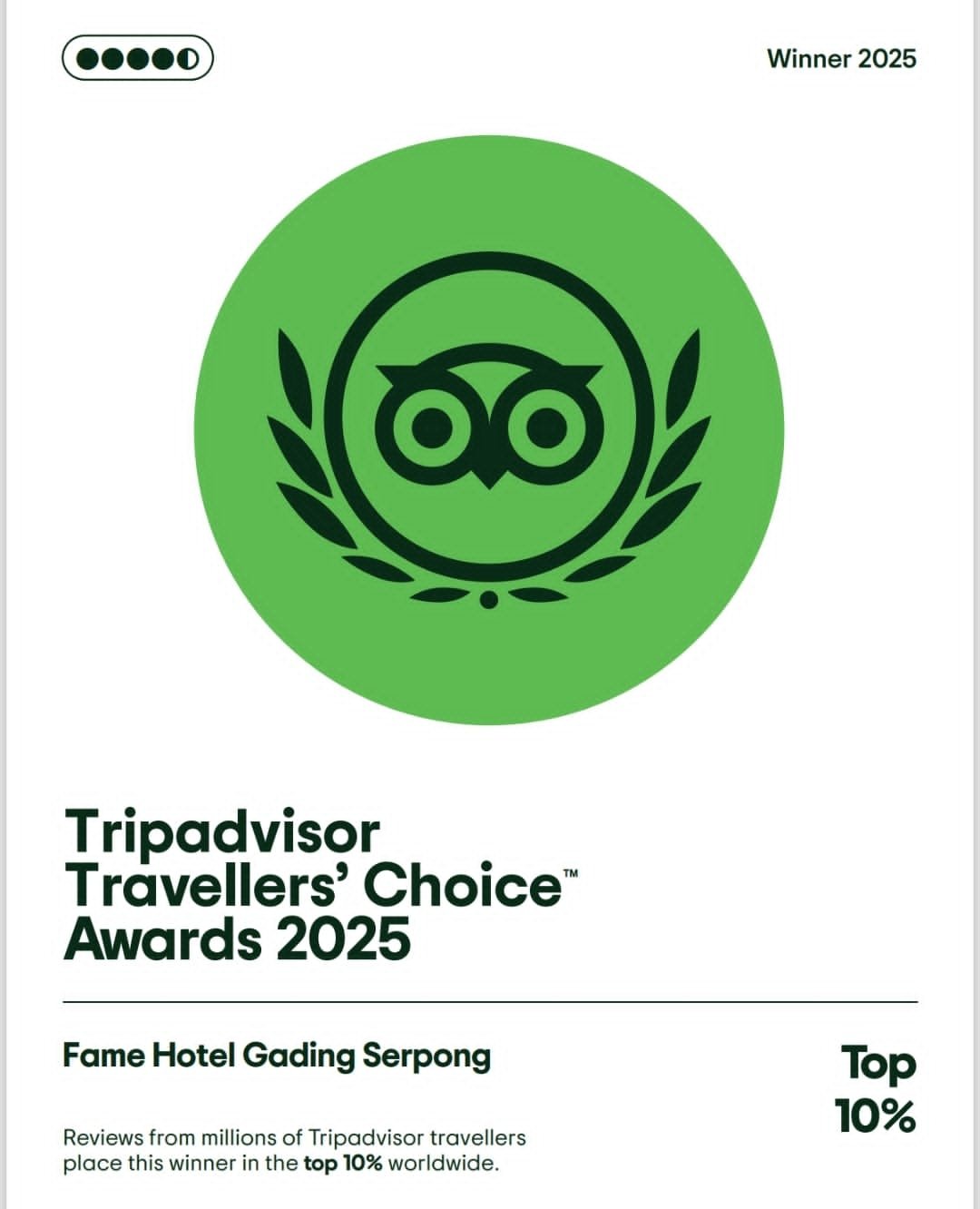 Fame Hotel Gading Serpong meraih Tripadvisor Travellers’ Choice Awards 2025, masuk 10% hotel terbaik dunia berkat layanan unggul.