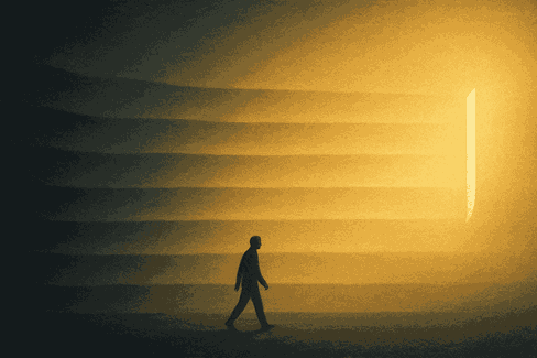 Perjalanan batin melalui tujuh lapisan hati hingga menuju Alif, menggambarkan proses penyucian jiwa, ketenangan, dan kedekatan kepada Allah.