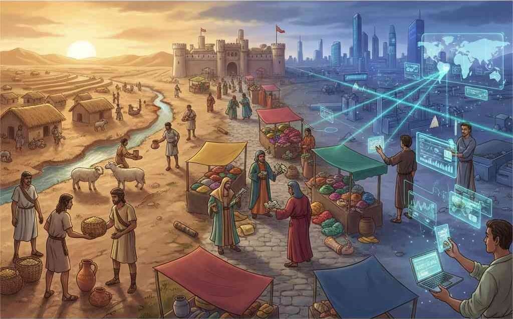 Analisis perkembangan perdagangan dari sistem barter hingga era digital serta perubahan pola dan sistem akibat teknologi dan globalisasi.