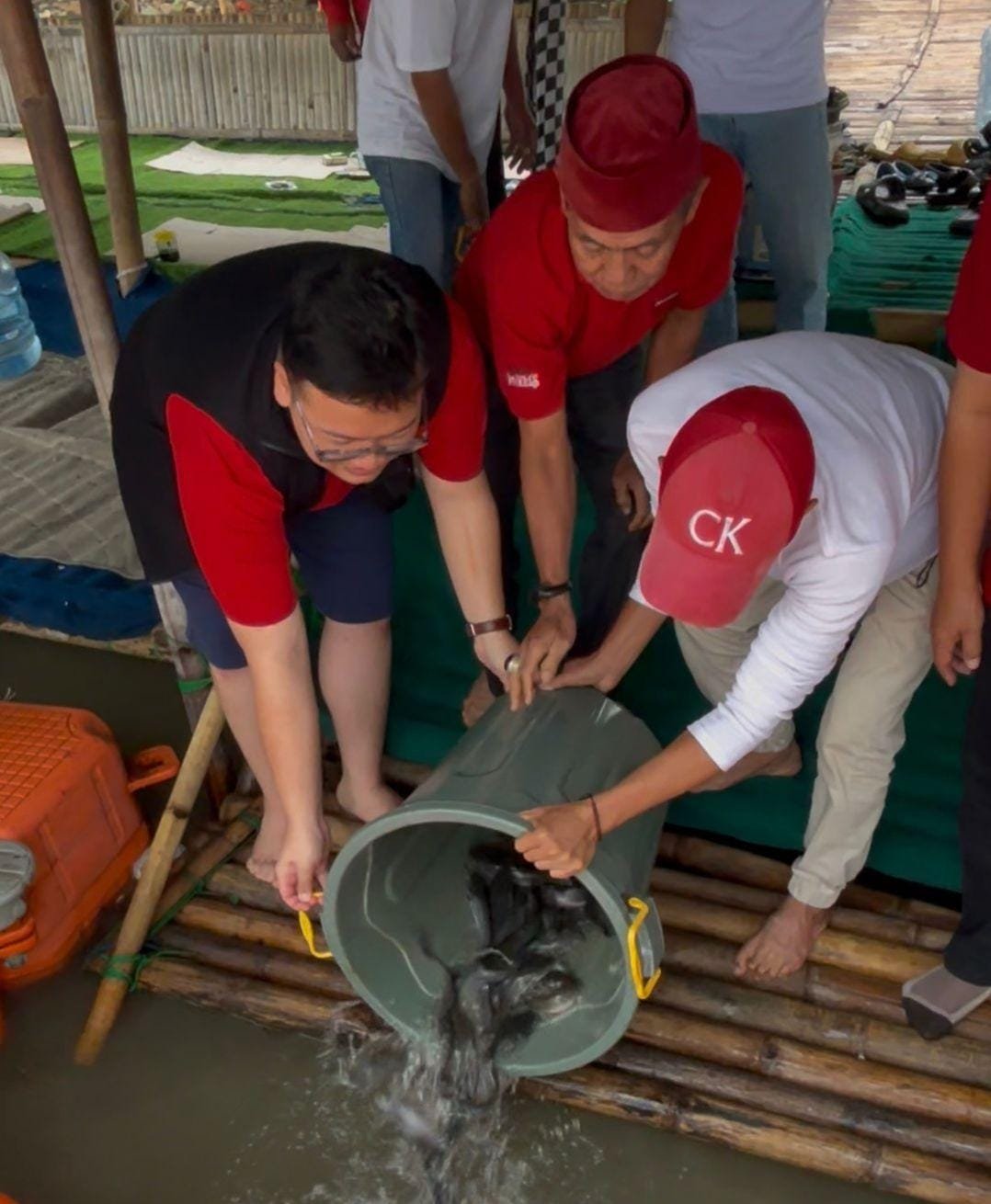 Abraham Garuda menebar 79 kg ikan di Danau Kelapa Dua saat HUT ke-79 Megawati sebagai simbol ketahanan pangan rakyat.
