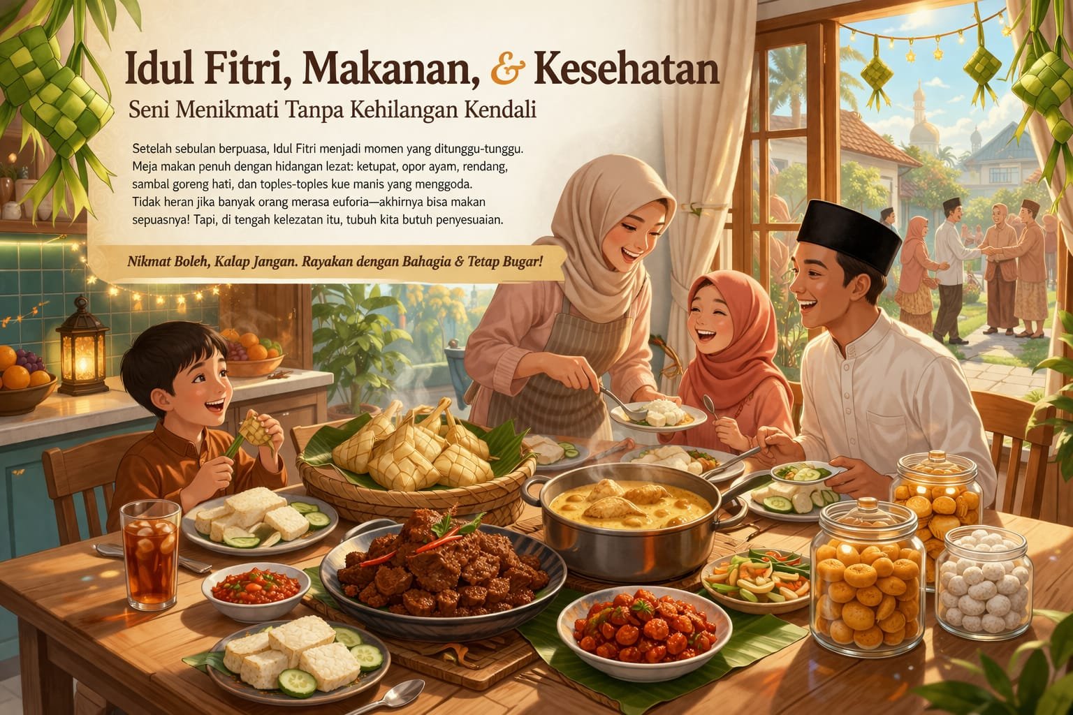 Artikel tentang Idul Fitri, makanan khas Lebaran, dan tips menjaga kesehatan agar tetap bugar tanpa mengurangi kebahagiaan hari raya.