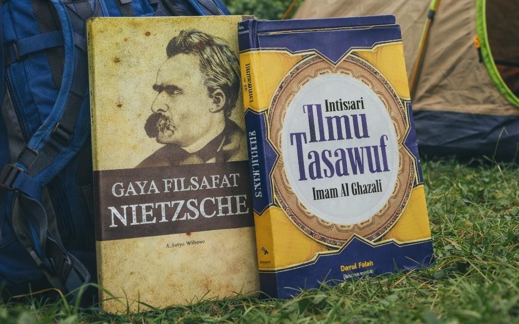Perjalanan menemukan makna hidup melalui pergulatan pikiran Nietzsche, Derrida, dan ketenangan Al-Ghazali dalam refleksi mendalam kehidupan.