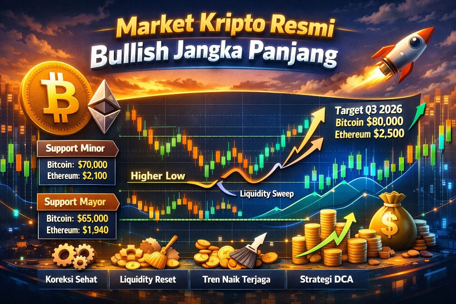 Analisis terbaru pasar kripto menunjukkan tren bullish jangka panjang, dengan Bitcoin dan Ethereum menjaga struktur kenaikan.