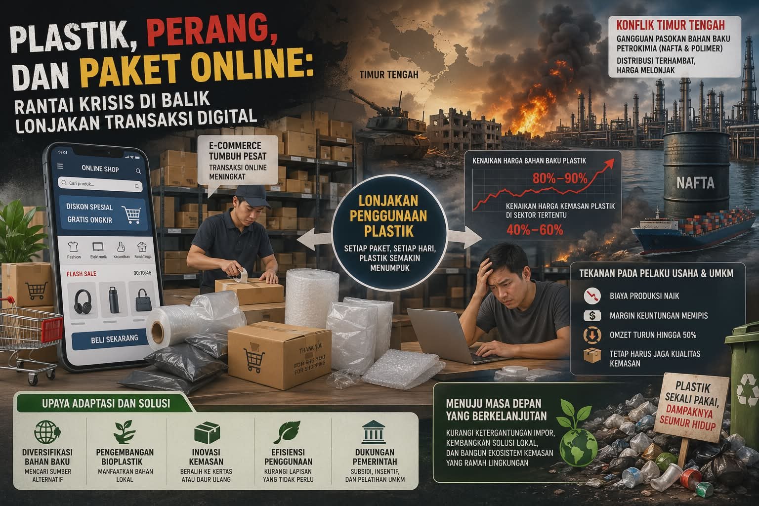 Lonjakan e-commerce picu krisis plastik. Konflik Timur Tengah dorong harga naik, UMKM tertekan, solusi berkelanjutan jadi kunci.