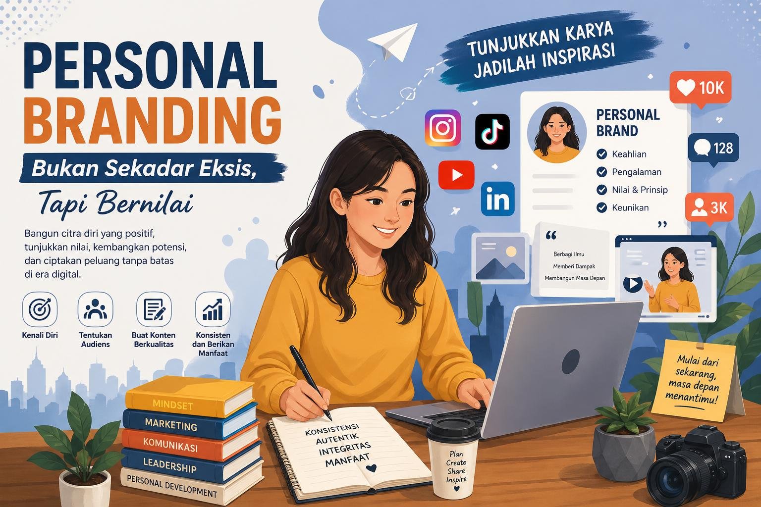 Opini tentang strategi personal branding di era digital, pentingnya nilai, konsistensi, dan citra profesional.