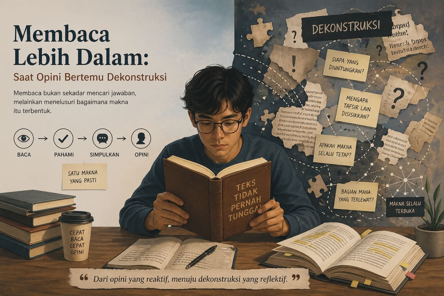 Opini dekonstruksi membaca: ubah cara baca reaktif jadi reflektif, kritis di era banjir informasi digital masa kini.