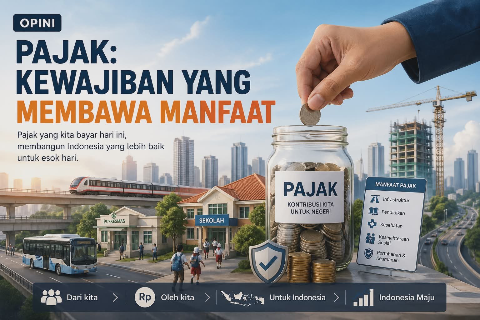 Pajak jadi fondasi pembangunan bangsa. Kesadaran membayar pajak mendorong kesejahteraan, pemerataan, dan kemajuan nasional RI.