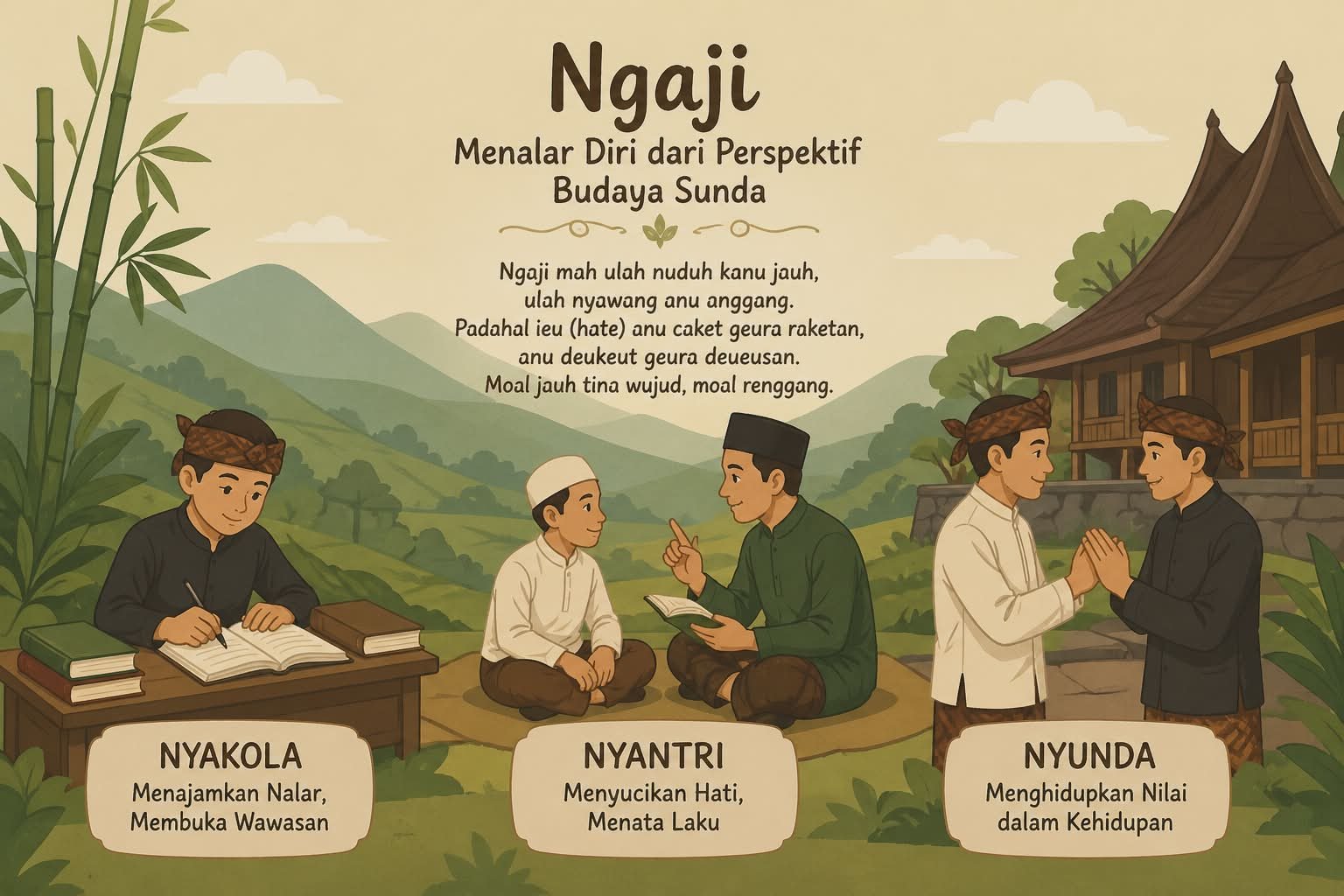 Makna ngaji dalam budaya Sunda melalui nyakola, nyantri, dan nyunda sebagai jalan membentuk nalar, hati, dan laku hidup yang utuh.