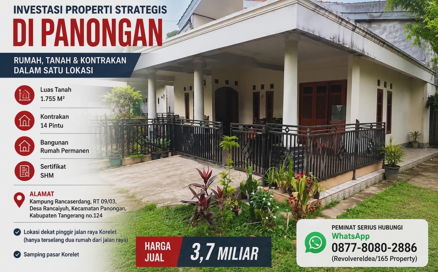 Dijual properti strategis di Panongan, Tangerang. Luas 1.755 m², rumah permanen, 14 kontrakan, SHM, dekat Pasar Korelet. Rp3,7 M.