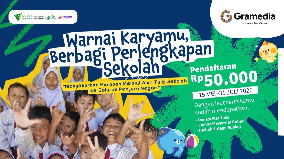 Gramedia gelar lomba mewarnai online sekaligus donasi perlengkapan sekolah untuk anak yatim melalui program kreatif keluarga Indonesia.