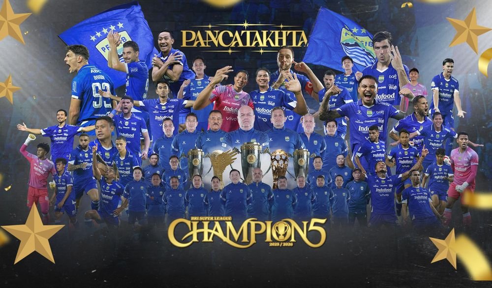 Persib Bandung resmi juara Super League 2025/2026 usai ditahan Persijap dan sukses menyematkan bintang kelima di logo klub.