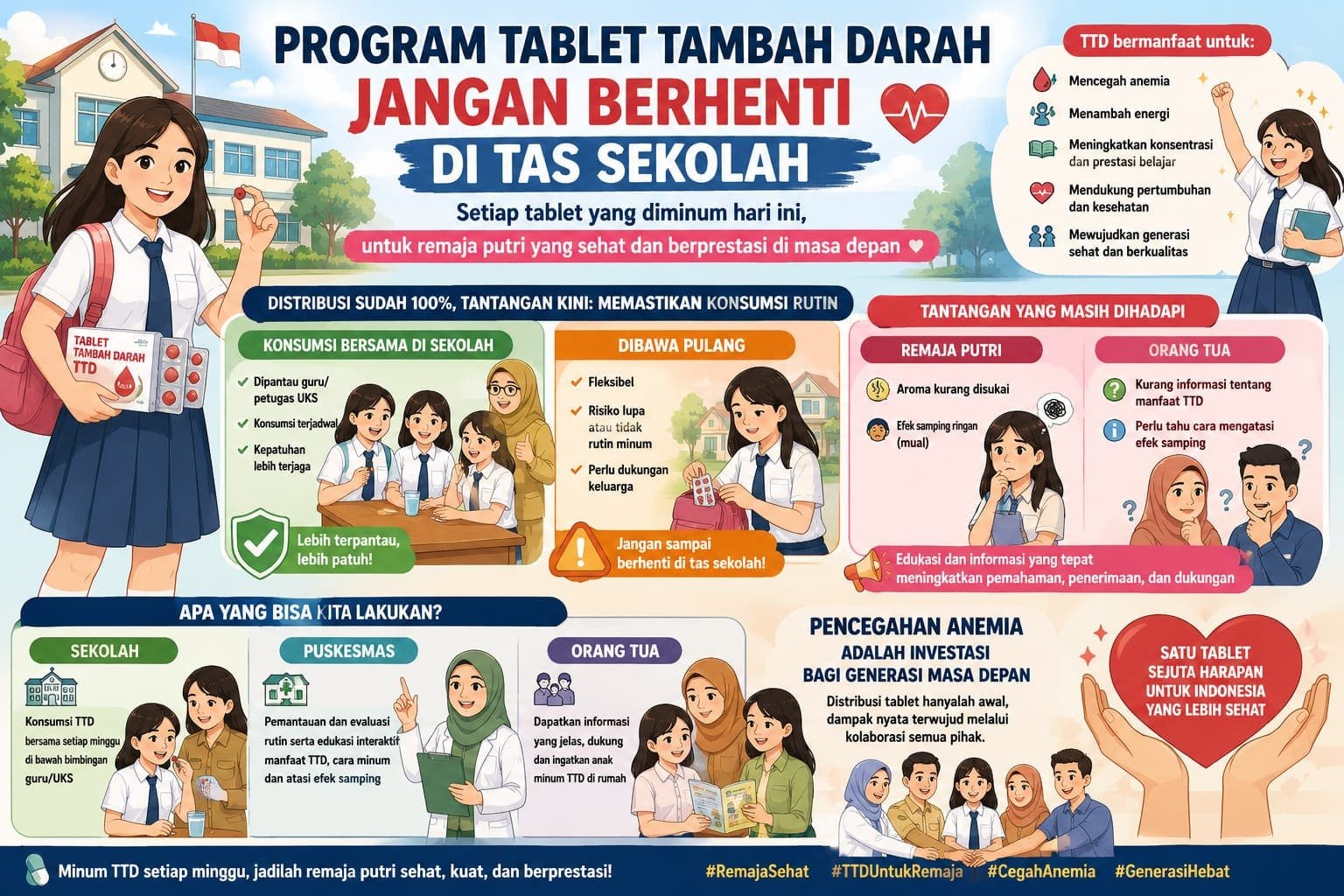 Program Tablet Tambah Darah tak cukup dibagikan. Kepatuhan konsumsi rutin di sekolah dan rumah menjadi kunci mencegah anemia remaja putri.