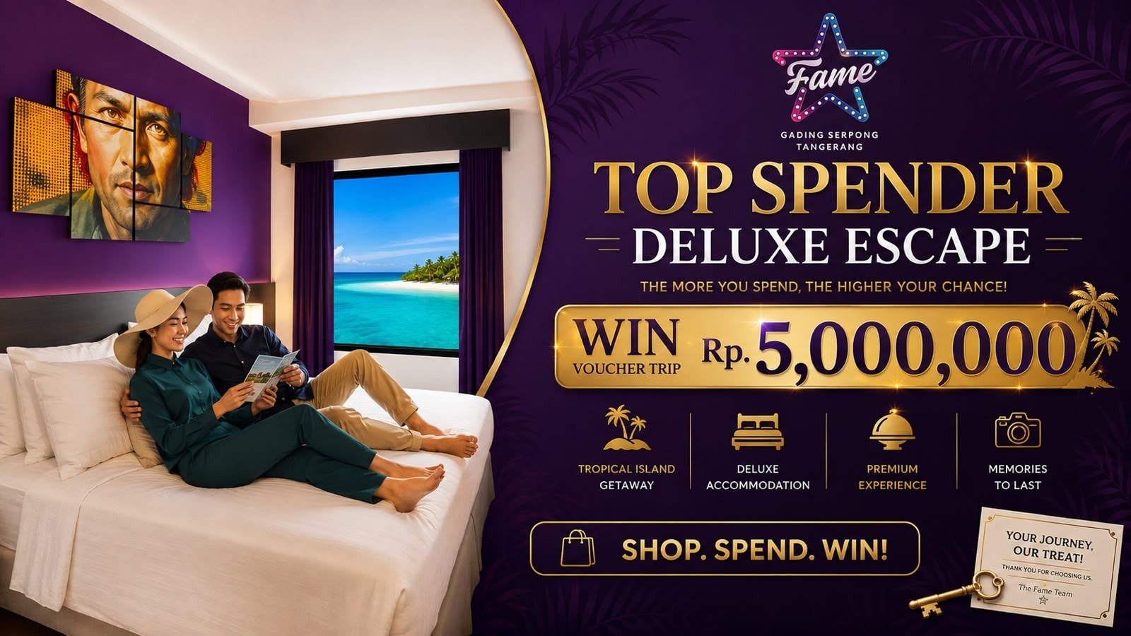 Menginap di eFame Hotel Gading Serpong kini berkesempatan memenangkan voucher liburan Rp5 juta melalui promo Top Spender Deluxe Escape.