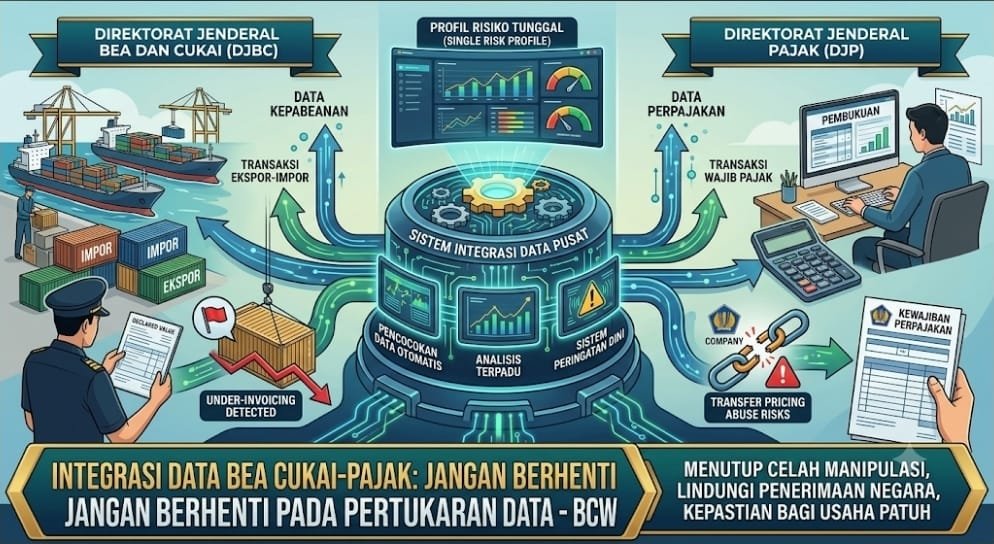 BCW mendorong integrasi data Bea Cukai dan Pajak untuk mendeteksi transaksi tak wajar serta mencegah kebocoran penerimaan negara.