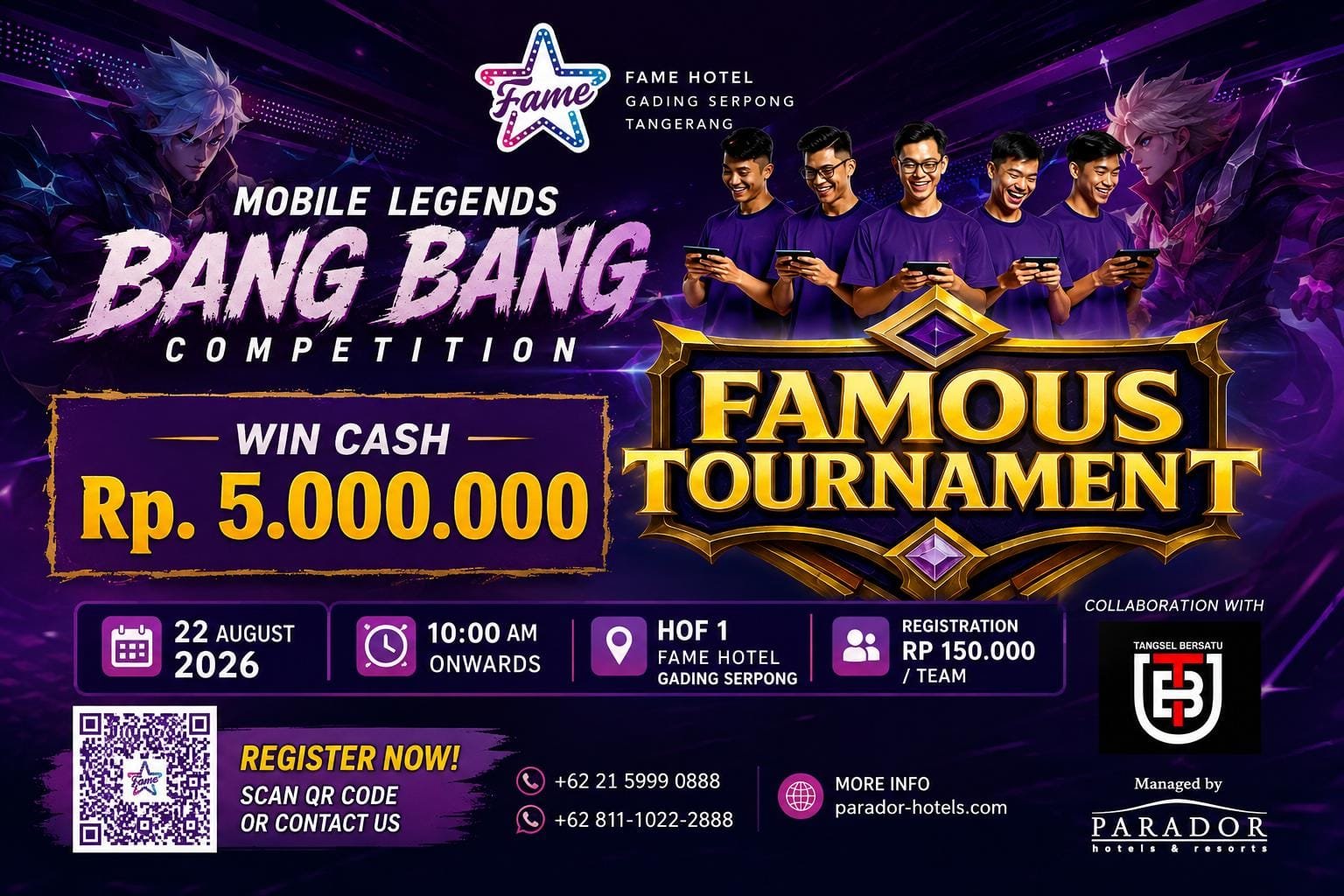 Fame Hotel Gading Serpong menggelar Famous Tournament Mobile Legends 2026 dengan hadiah Rp5 juta bagi komunitas e-sports Tangerang.