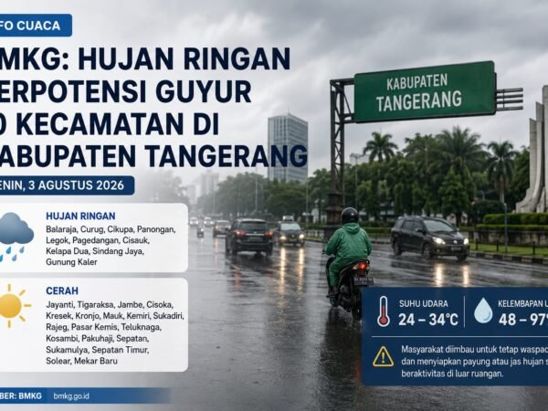 BMKG: Hujan Ringan Berpotensi Guyur 10 Kecamatan di Kabupaten Tangerang, Senin 3 Agustus 2026