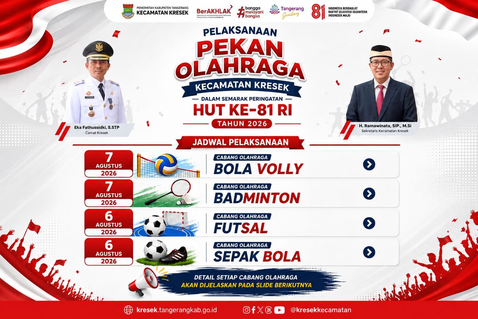 Kecamatan Kresek menggelar PORCAM 2026 untuk pelajar SMA/sederajat dengan empat cabang olahraga dalam rangka HUT ke-81 RI.