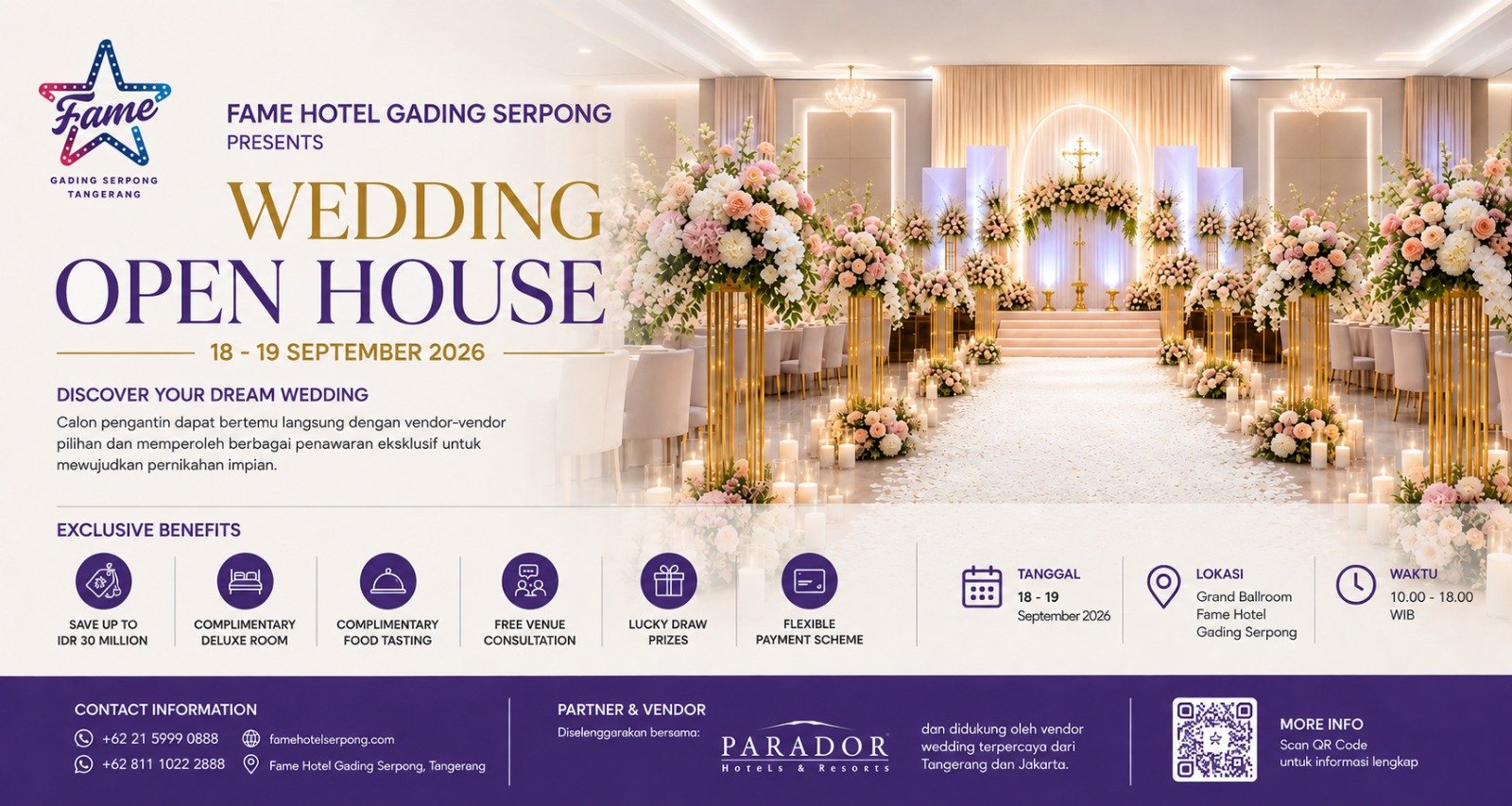 Fame Hotel Gading Serpong menggelar Wedding Open House 2026 pada 18–19 September dengan promo dan inspirasi pernikahan.