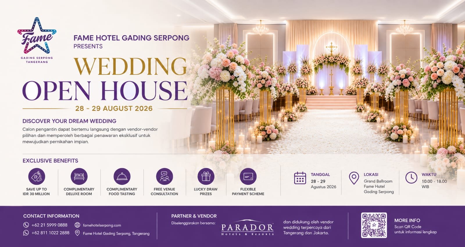 Fame Hotel Gading Serpong menggelar Wedding Open House 2026 dengan inspirasi konsep pernikahan dan promo hingga 20 persen.