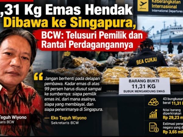 8 Penumpang Bawa 11,31 Kg Emas ke Singapura, BCW Minta Rantai Perdagangan Ditelusuri