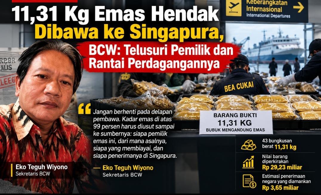 Bea Cukai Batam mengamankan 11,31 kg emas yang dibawa delapan penumpang ke Singapura. BCW minta asal emas ditelusuri.