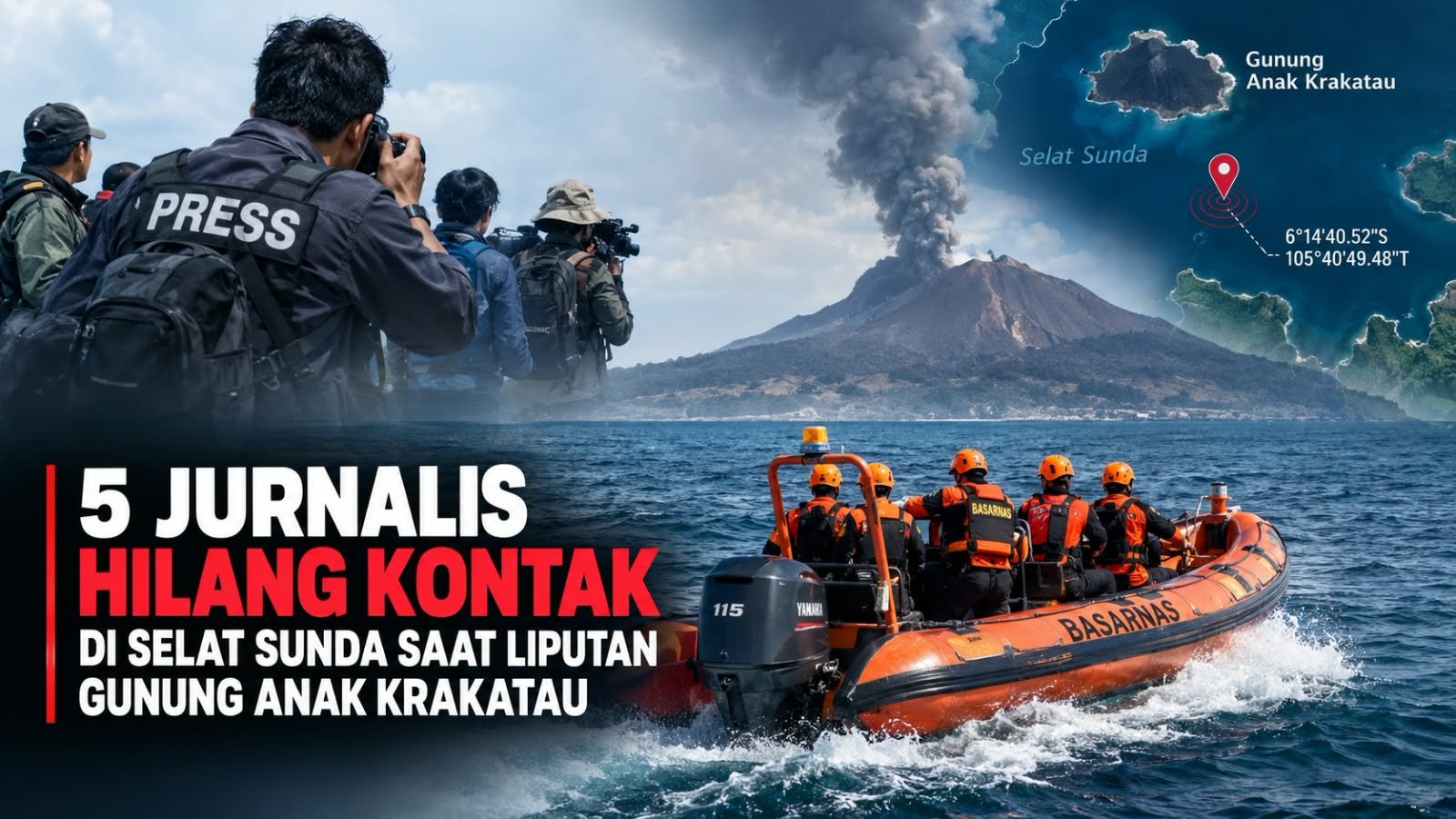 Lima jurnalis hilang kontak saat meliput erupsi Gunung Anak Krakatau. Tim SAR dikerahkan mencari mereka di perairan Selat Sunda.