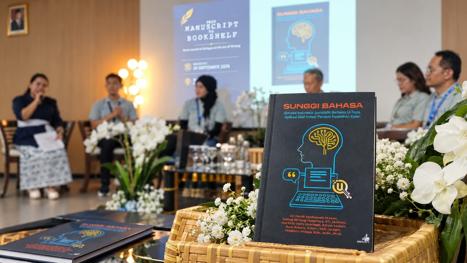 Peluncuran buku Sunggi Bahasa membahas U-Tapis, AI untuk mendeteksi kesalahan bahasa jurnalistik tanpa menggantikan kreativitas manusia.