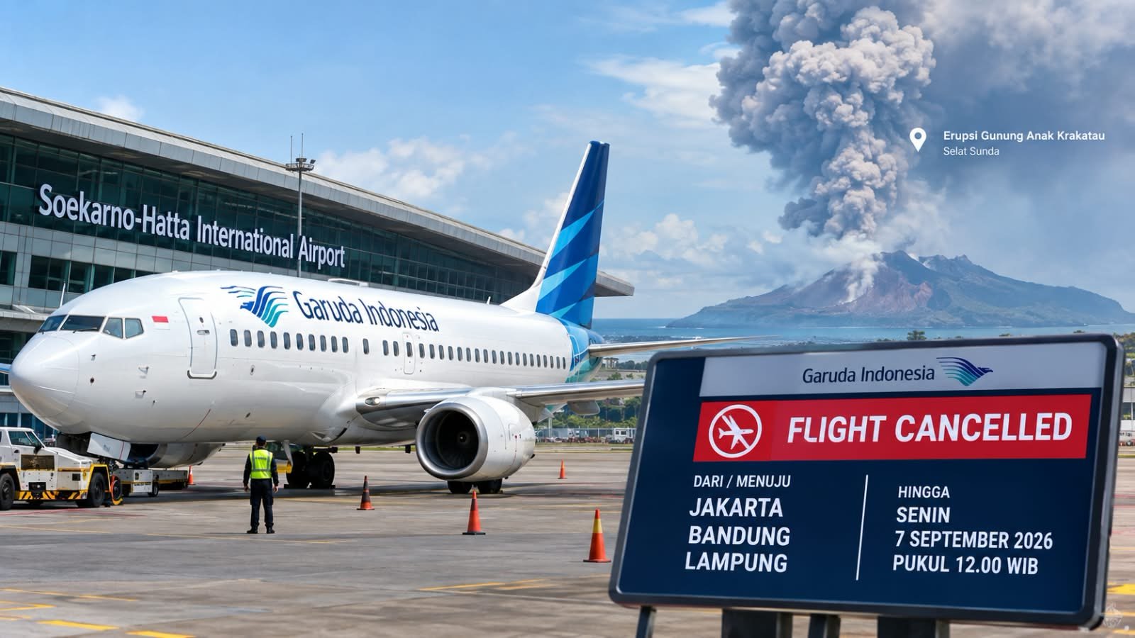 Garuda Indonesia batalkan penerbangan Jakarta, Bandung, dan Lampung hingga Senin siang akibat erupsi Gunung Anak Krakatau.