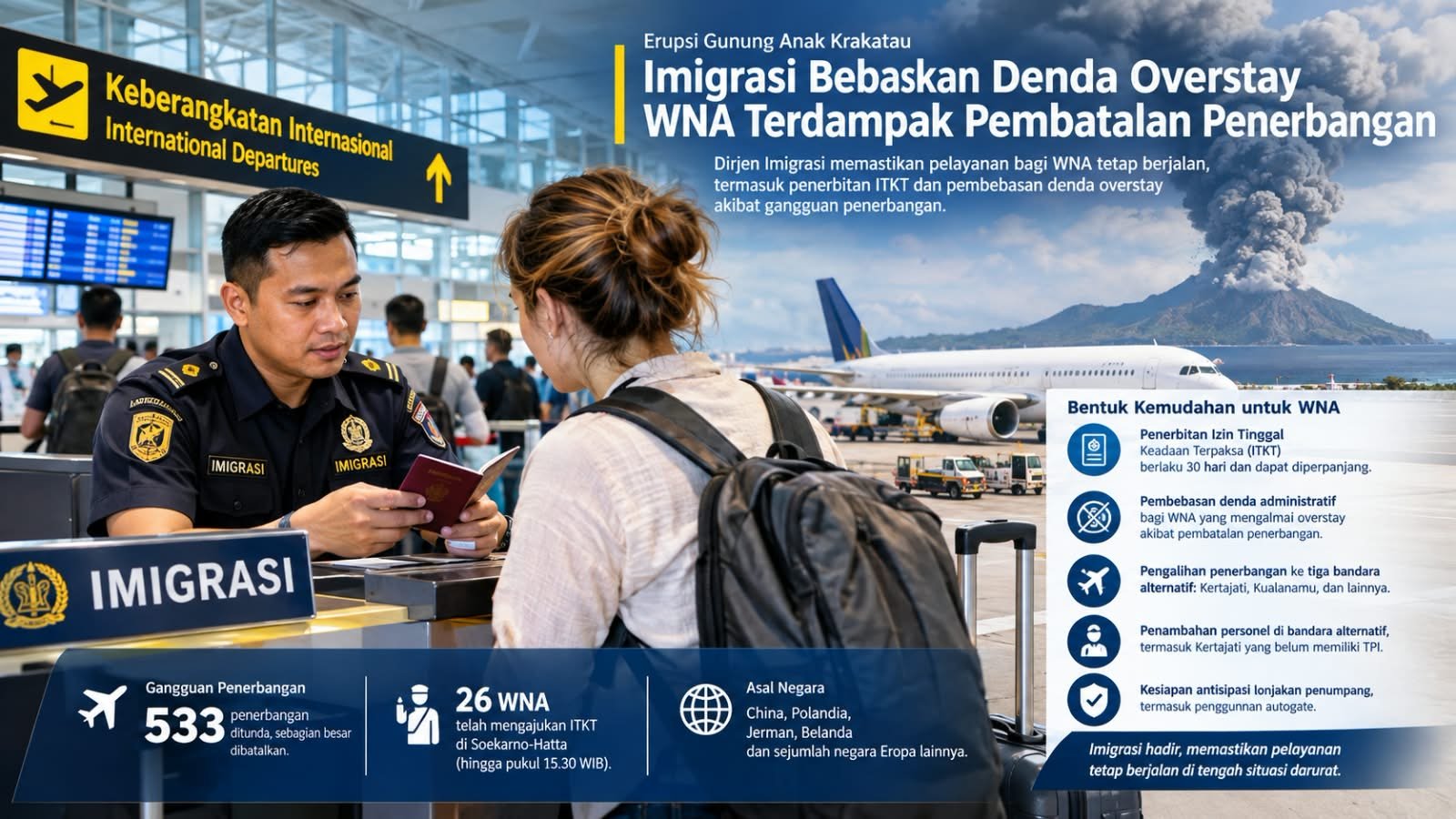 Imigrasi bebaskan denda overstay WNA akibat pembatalan penerbangan dampak erupsi Gunung Anak Krakatau dan terbitkan ITKT.