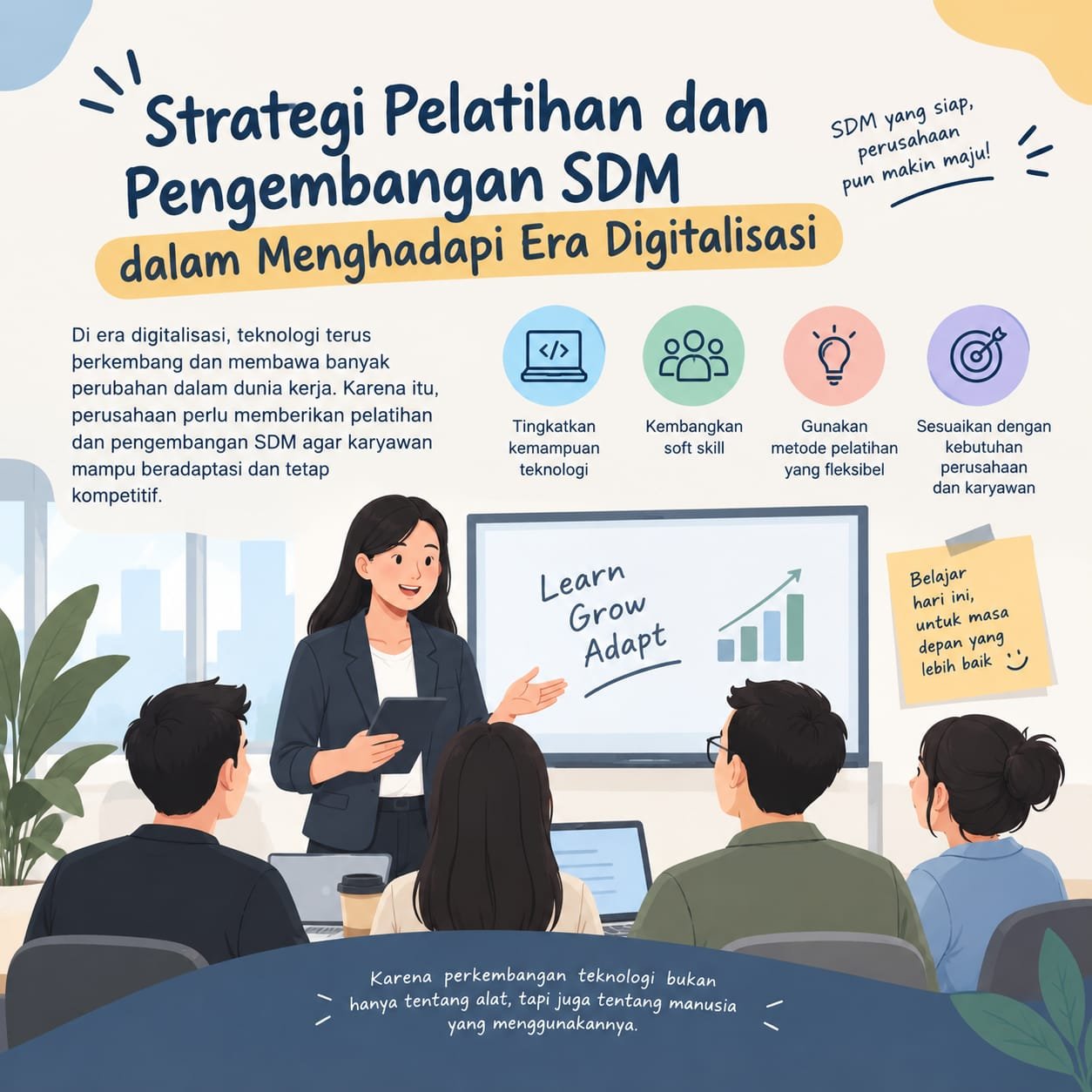 Strategi pelatihan dan pengembangan SDM diperlukan untuk meningkatkan kompetensi karyawan dalam menghadapi era digitalisasi.