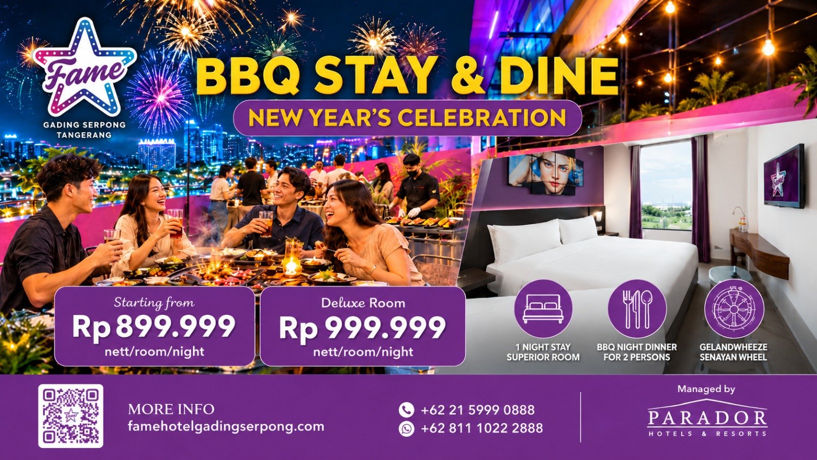 Fame Hotel Gading Serpong menghadirkan paket BBQ City Light dan staycation Tahun Baru 2027 dengan harga Early Bird mulai Rp899.999.