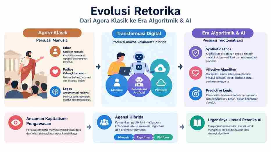 Evolusi retorika dari agora klasik ke era AI mengubah cara manusia membangun kredibilitas, memengaruhi emosi, dan membentuk opini publik melalui algoritma.