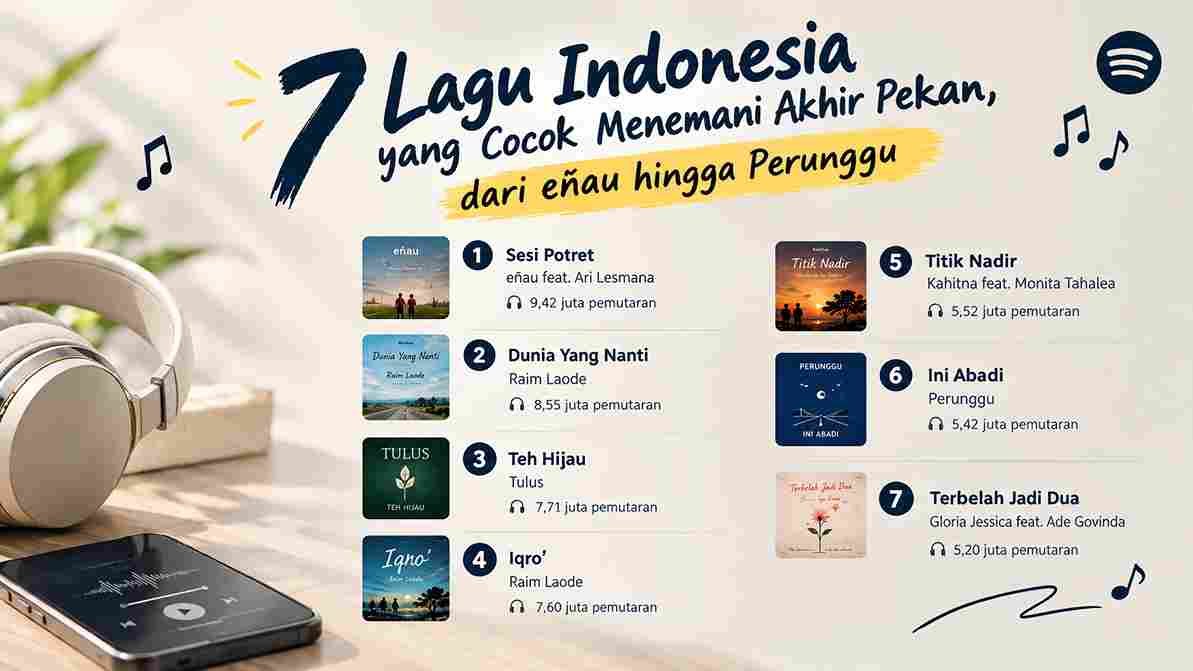 Nikmati akhir pekan dengan 7 lagu Indonesia terpopuler di Spotify, dari Eńau, Raim Laode, Tulus, hingga Kahitna.