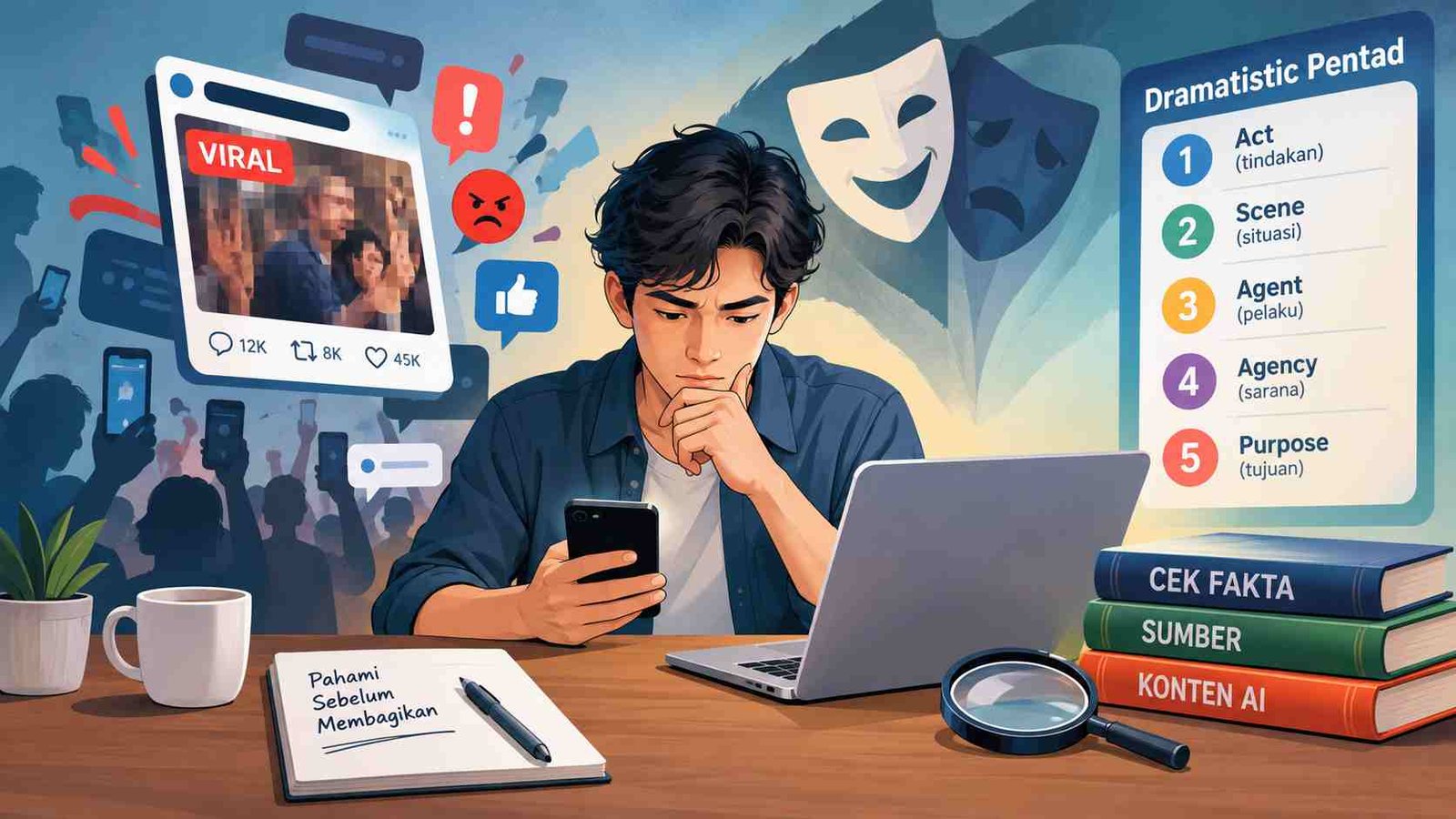 Teori dramatisme Kenneth Burke membantu memahami perang narasi di media sosial, mengenali manipulasi informasi, dan memverifikasi konten AI sebelum membagikannya.
