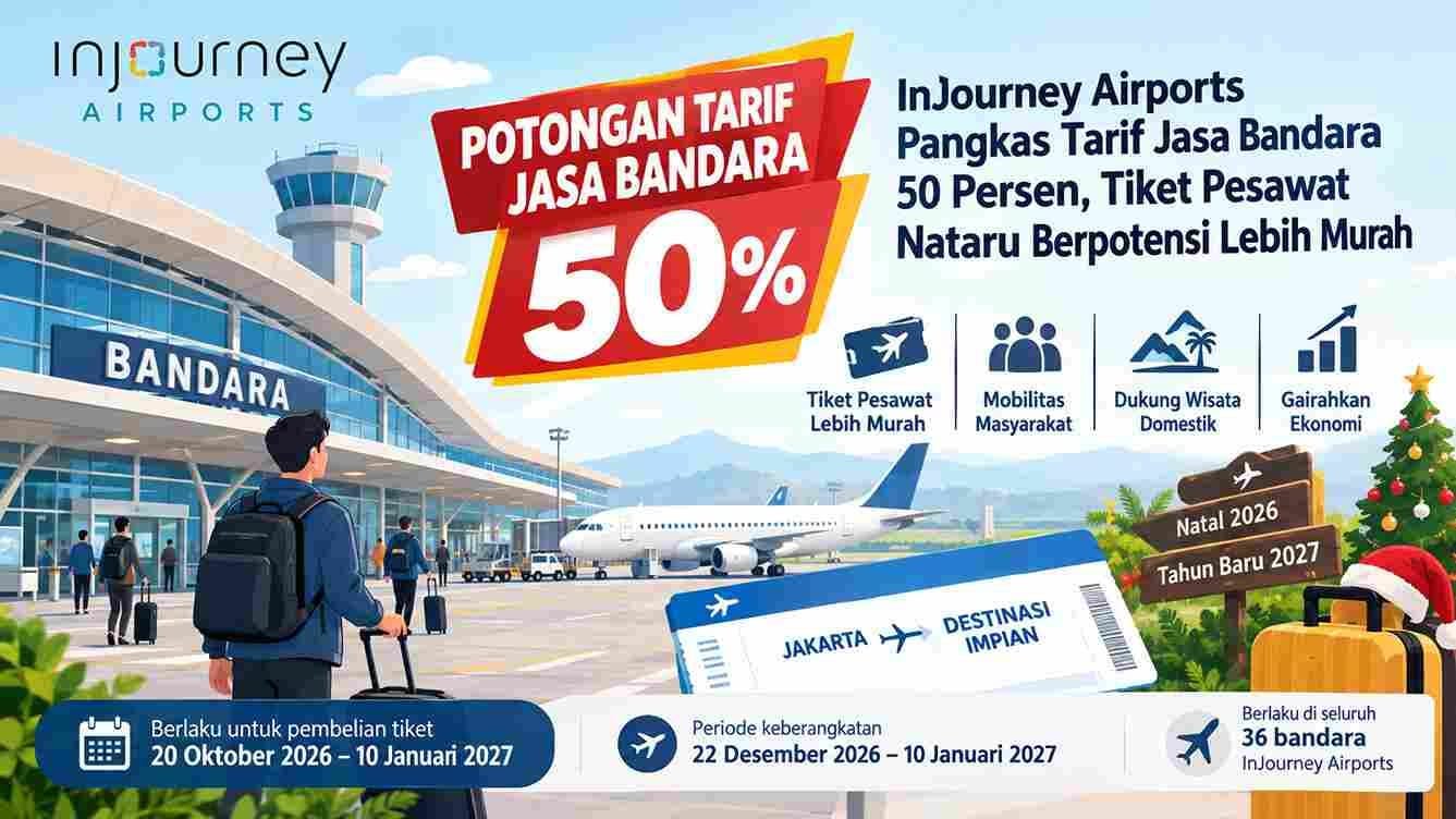 InJourney Airports memangkas tarif jasa bandara 50 persen selama Nataru 2026/2027 untuk mendukung tiket pesawat yang lebih terjangkau.