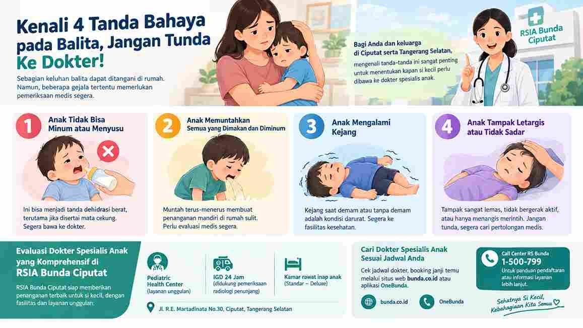 Kenali 4 tanda bahaya pada balita, mulai dari tidak bisa minum, muntah terus-menerus, kejang, hingga penurunan kesadaran. Segera cari pertolongan medis.